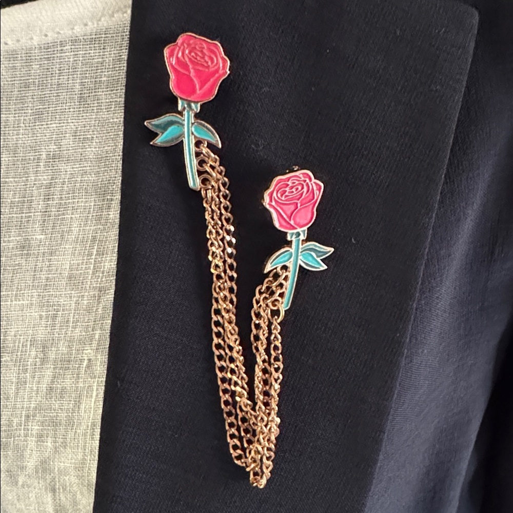 Rose Enamel Sweater Clips - Pink & Green Floral Chain